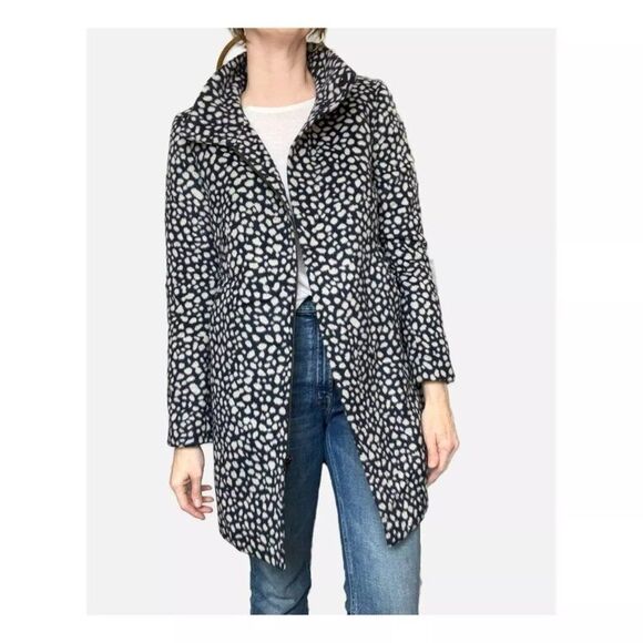 LOFT Funnel Neck Animal Print Wool Blend Coat M Zip Up Blue Spot ANN TAYLOR - Picture 1 of 10